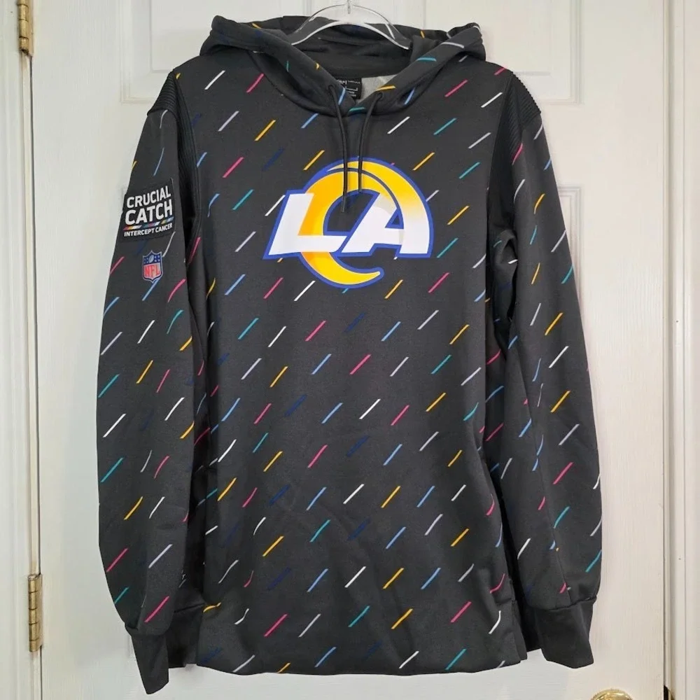 Nike LA Rams Mens L Crucial Catch Cancer Hoodie Colorful Gray NFL OnField DriFit